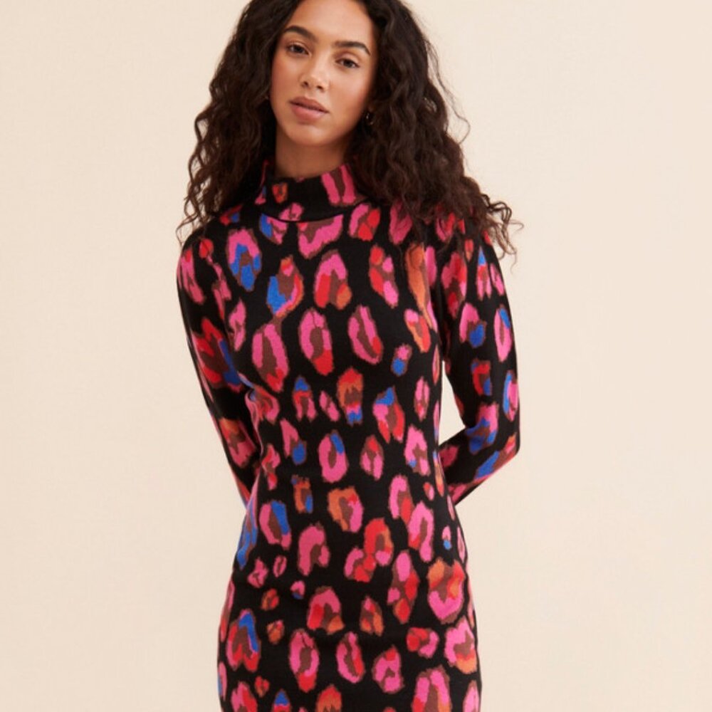 EUC Farm Rio Iridescent Leopards Sweater Dress Sz XS